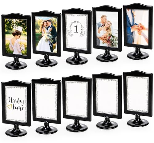 Lawei 10 Pack Double Sided Standing Picture Frames, 4x6 Inch Plastic Pedestal Photo Frame Bulk, Two Sided Vertical Picture Holder with Inserts & Base, Black Display Frame for Wedding Table Number Menu