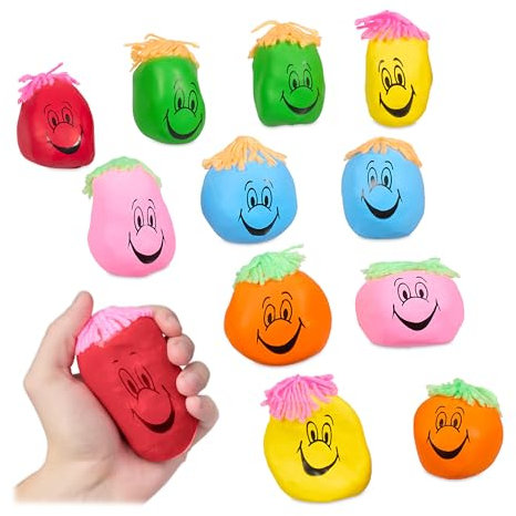 Relaxdays Stressball 8 cm, 12er Set, Grimasse/Haare, Antistressball knetbar für Kinder, Erwachsene, Knautschball, bunt