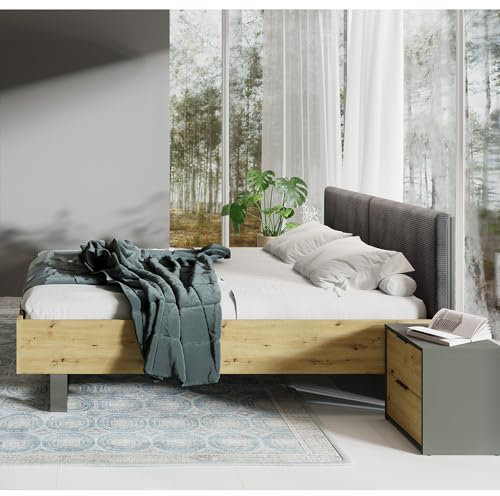 Lomadox Bettgestell 180x200 cm mit 2 Nachttischen Schlafzimmer Set Bett mit Nachtschränkchen modern in Eiche mit gepolstertem Kopfteil
