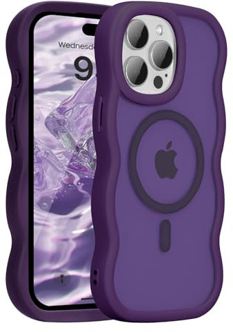 UEEBAI Magnetic for iPhone 14 Pro Max Case, Cute Cover Compatible with MagSafe, Transparent Clear Wave Design Wavy Frame Matte Phone Case- Purple