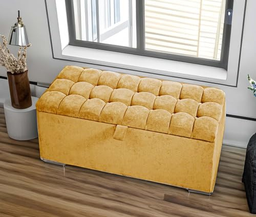 Cubed Ottoman Storage Box - 4FT6 Double Size Crushed Velvet Storage ottoman with Matching Fabric Buttons, Upholstered Pouffe Stool Footstool Bench with Storage (Gold Velvet)