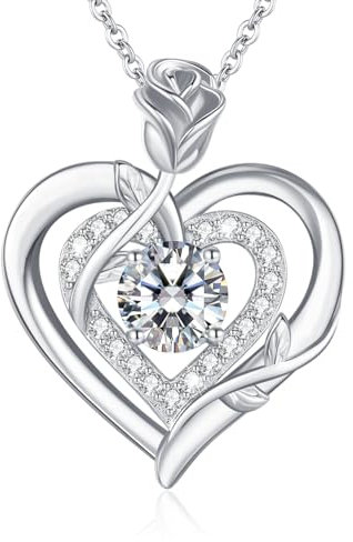 LAVUMO Moissanite Halskette Damen Silber 925,Moissanite Kette Damen Gold/Rosegold/Silber Doppel Herz Rose Anhänger Weihnachten Valentinstag Geburtstag Schmuck Geschenke für Frauen Freundin Mama