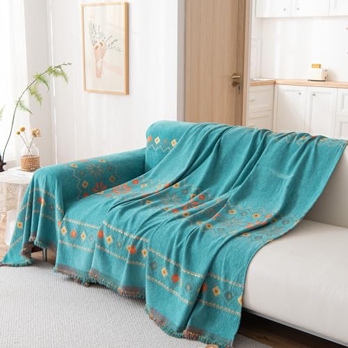 Hearda Sofa Überwurfdecke, Böhmen Stil Chenille Sofaüberwurf Decke Couch Überwürf Couchdecke Überwurf mit Quasten Reversibel Sofadecke 1 2 3 4 Sitzer Couchdecke Sessel Decke (180x230cm,Türkis)