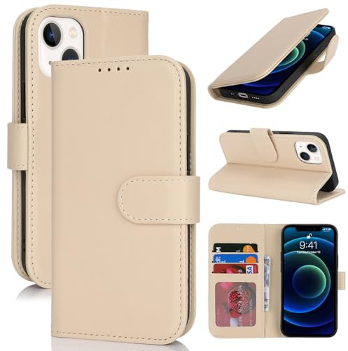 Zouzt Case for iPhone 15 Plus / 14 Plus (6.7 Inch), Premium PU Leather Wallet Case with Credit Card Holder Slot Flip Folio Kickstand Shockproof Protective Phone Cover (Beige)