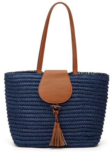 Rungion Summer Straw Shoulder Bags for Women Large Woven Tote Purse Casual Beach Vacation Top Handle Handbags with Tassel, Navy, One Size