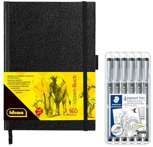 Idena 90347 - Skizzenbuch DIN A5 mit 160 Seiten, blanko, inkl. 6 STAEDTLER Fineliner pigment liner mit metallgefasster Spitze in 6 Linienbreiten
