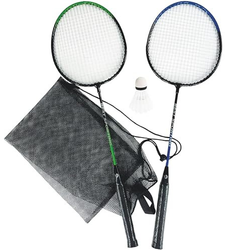 BEST SPORTING Set volano – 2 racchette da badminton con fusto in acciaio temprato e cinturino in poliuretano, con volano in nylon con testa in schiuma, set da badminton per bambini e adulti