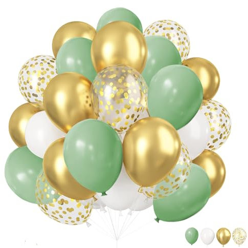 ZYOOO Luftballons Grün Gold Weiß, 12 Zoll/30.5 cm Naturtöne & Metallic Latex Ballons mit Konfetti, Partyballon für Hochzeit, Boho, Baby Shower, Bridal Shower, Geburtstag Deko - 50 Stück