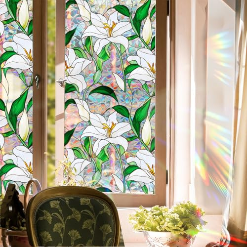 Niviy Window Privacy Film Lily White Flowers Stained Glass Window Film, Sun Protection Decals for Car Moonroof, Static Cling Rainbow Sticker Covering for Wedding Home Door (16.93 x 39.37inch)