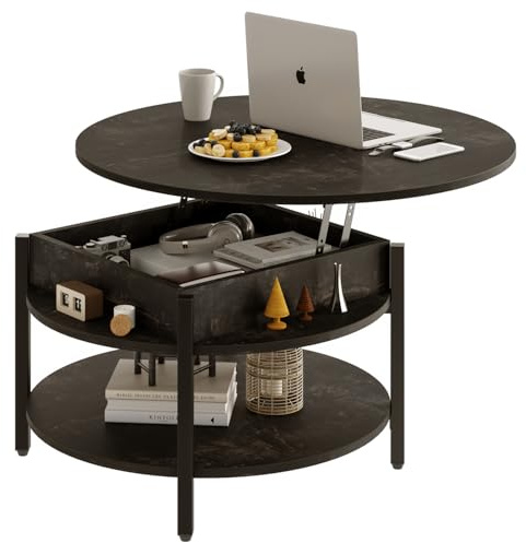 Mossora Round Lift Top Coffee Table with Storage and Hidden Compartment, 68cm Farmhouse Coffee Tables for Living Room Reception Room, 2 Tier Small Round Center Table Circle Dining Table, Black Oak