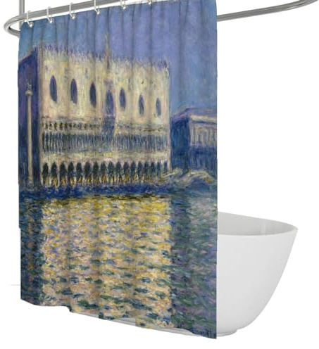 OLLIAR Home Impressionistische Szenerie Duschvorhang Set Venedig Wasser Stadt Gebäude Reflexion Blau Duschvorhang Dicker Stoff Badevorhang mit Haken 180x200