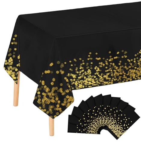 WIYETY 10 Stück Schwarz und Gold Party Tischdecke, Wasserdicht Tischdecke, Papiertischdecke Rolle, Party Dot Tischdecke, Rechteckig Tischtuch Geeignet für Geburtstagdeko, Hochzeit, 137x274cm, Schwarz