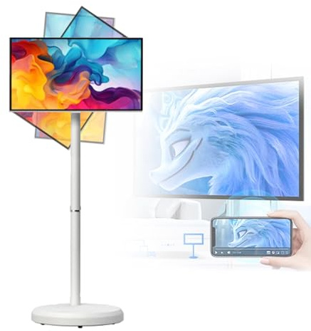 ZyKnaurral Televisor Portátil Inteligente Fhd De 21,5 Pulgadas con Pantalla Táctil Y Operativo Android, con Ruedas Y Pantalla Táctil Giratoria, Batería De 6000 Mah (4-6 H) White-6+128G
