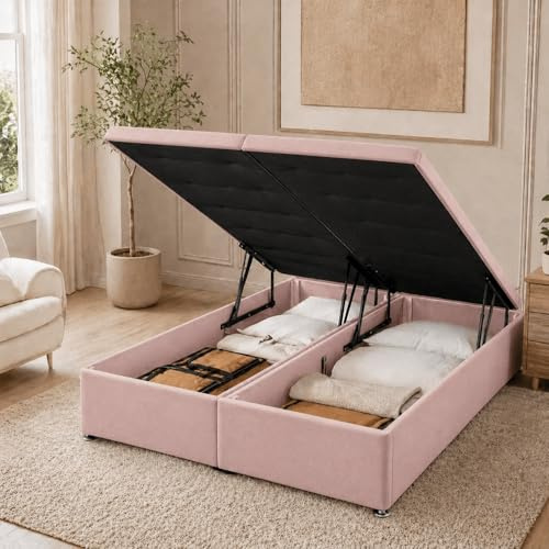 HB-1 Ottoman Storage Bed - Luxury Divan Small Double Bed - Soft Plush Velvet Gas Lift Up Divan Bed Base, Ottoman Frame with Solid Base and End Lift Bed (Pink Plush, Small Double 4FT)