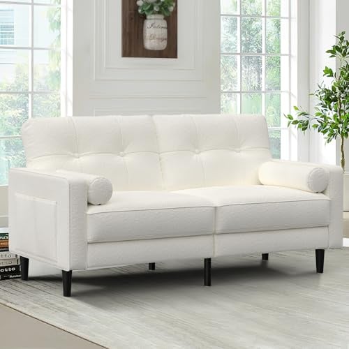 Aotumm Ciort Sofá 2 Plazas, Cojines Gruesos, 2 Bolsillos (Blanco Clásico) | Cómodo Sofá 2 Plazas de Lino con 2 Almohadas, Bolsillos Laterales, Diseño Ergonómico y Fácil Montaje para Salón y Oficina