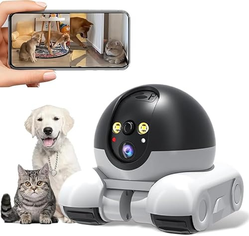 GiDaCom Cámara robot inteligente para gatos y perros con juego láser, doble cámara 4 K, control por aplicación, visión nocturna, intercomunicador