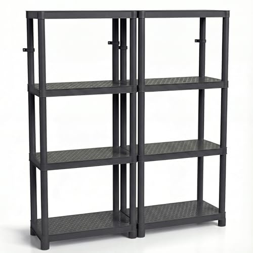 DIKEL Kunststoffregal 131,5 x 116 x 28 cm - Steckregal mit 8 Böden - Stabiles Kellerregal 370 kg max. Tragkraft - Lagerregal Wetterfest für Garage, Keller und Garten - Schwerlastregal Schwarz