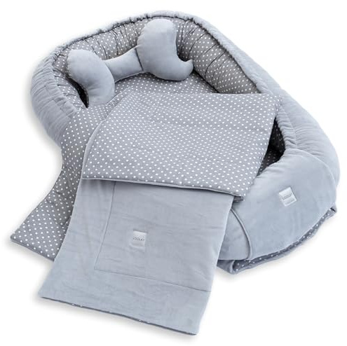 LOOLAY Babynest, Nestchen für Neugeborene – Baby Nestchen 91 × 63 cm mit Decke, Tragbares Nest aus Samtvelours & Baumwolle (GRAU Velour/Punkten GRAU)