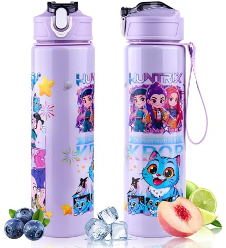 Dowdiles 700 ml Trinkflasche mit Strohhalm – Doppelseitiges Cartoon Motiv, auslaufsicherer Trinkbecher mit Deckel & Griff – BPA-frei, bruchfest – für Schule, Camping, Reisen – für Mädchen(Nicht heiß)