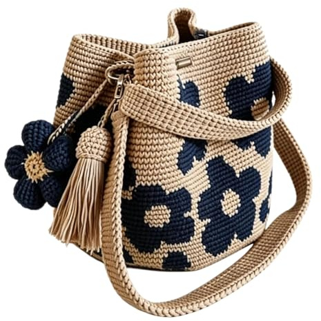 RUTYAUB Handgefertigte Häkelblumen Tasche für Damen, Handmade Crochet Flower Tote, Boho Strandtasche mit Blumenmuster Quasten, Weiche Umhängetasche für Alltag, Urlaub, Picknick