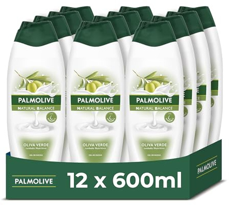 Palmolive Naturals Gel de ducha Oliva Verde Pack 12 x 600ml, gel de ducha con vitamina E para nutrir la piel, con leche de almendra de origen vegetal, ingredientes de 95% origen natural*