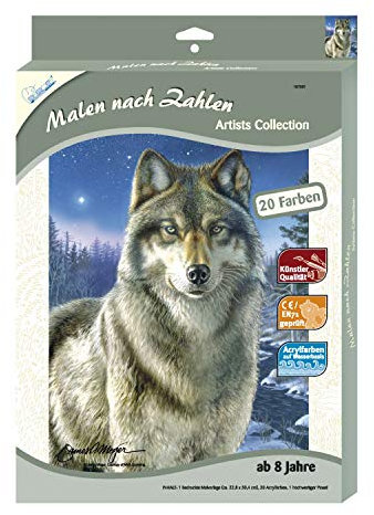 MAMMUT 107001 - Malen nach Zahlen Artists, Tiermotiv, Wolf, Komplettset mit bedruckter Malvorlage im A4 Format, 20 Acrylfarben und Pinsel, Malset für Kinder ab 10 Jahre