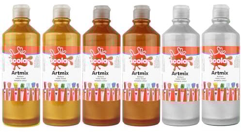 Scola Readymix Water Based Tempera Paint, 6 Assorted Metallic Colours, 600ml Bottles, Safe Non-Toxic Poster Paints, Craft Projects, Suitable for 3+