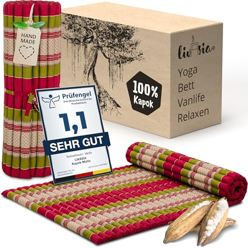 livasia Rollmatte Rollmatratze L breit bequem - 200x110x4,5cm - Gästebett Gästematratze 1 Person, Reisebett Kofferraum outdoor, Thaimatte Kapok Garten Balkon handgefertigt (Rot/Grün)