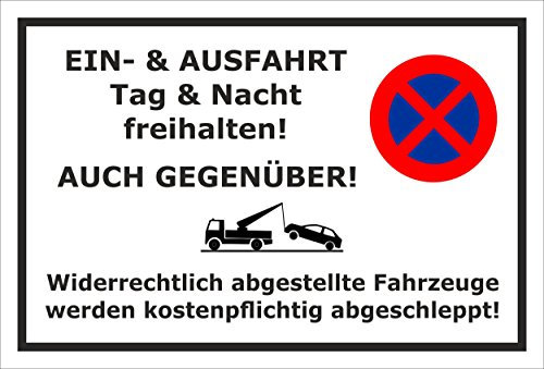 Melis-Folienwerkstatt Parken verboten Schild – EIN-und Ausfahrt Tag und Nacht freihalten - auch gegenüber – 45x30 cm – 3mm Aluverbund – Verschiedene Größen und Materialien