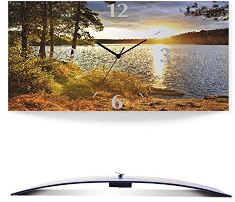 ARTLAND Wanddeko Wanduhr ohne Tickgeräusche Alu Funkuhr 60x30 cm Rechteckig Lautlos See Landschaft Wald Sonnenuntergang Kanada Urlaub Sonne T6AF