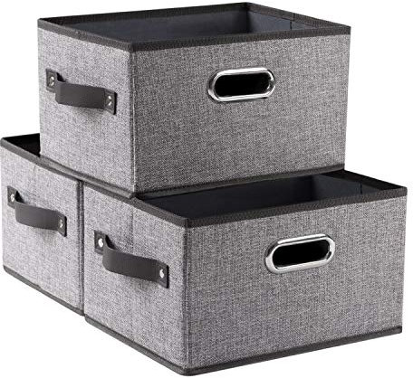 Prandom Cestas de almacenamiento plegables para armario [paquete de 3] cubos de almacenamiento de tela de lino decorativo con asas de cuero/metal para estantes, borde gris y negro (29x21x17cm)