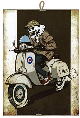 KUSTOM ART Bild im Vintage-Stil, Skelett, Vespa, Druck auf Holz