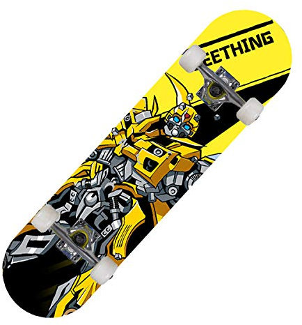 Skateboard Gelber Roboter Skateboard Kinder ab 8 Jahre 80x20cm 7-Lagigem Ahornholz Longboard Double Kick Komplett für Anfänger Jungen Mädchen Erwachsene Profi Penny Board
