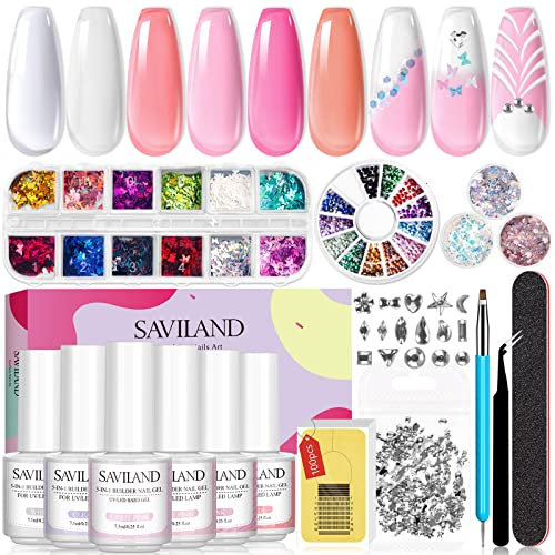Saviland 5 in 1 Aufbaugel für Gelnägel Kit - 6 Farben Builder Nail Gels mit klarem, nacktem, rosa All-In-1-Kit für Nagelverlängerung, Reparatur, Nagelkunst für Nagelstudio & Heimwerken