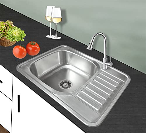 Omeere Évier inox 304 18/8 0,8mm, Évier de cuisine 1 bac, Brossé Rectangle (Égouttoir à droite), 65 x 50 x 18 cm, Argenté, Comptoir, Acier inoxydable, Évier