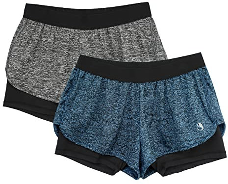 icyzone Damen Laufshorts 2 in 1 Sport Yoga Training Shorts Kurze Sporthose Laufhose, 2er Pack (Charcoal/Royal Blue, XL)