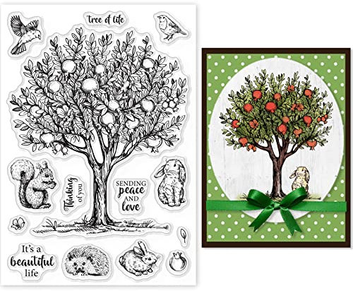 GLOBLELAND Obstbaum Klare Stempel für DIY Scrapbooking Dekor Granatapfelbaum Kaninchen Vogel Baum des Lebens Igel Transparente Silikonstempel für die Herstellung von Karten Fotoalbum Dekoration