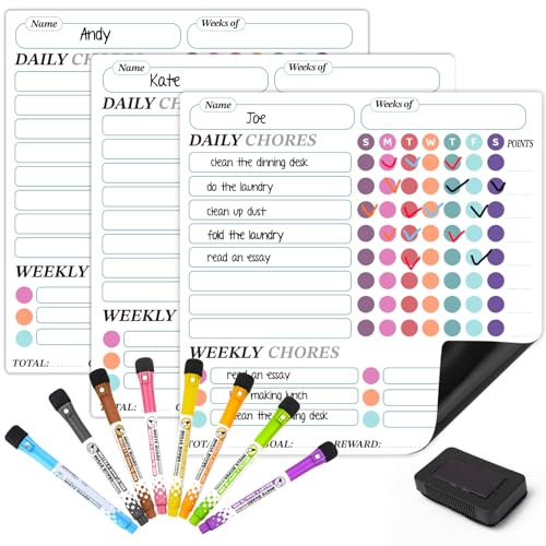 Magnetic Chore Chart for Kids, 3PCS 10 Dry Erase Weekly Planner for Fridge, Work as Whiteboard Calendar, Daily Routine to Do List, Task Board, Behavior Reward Chart, Family Schedule, 8 Color Pens