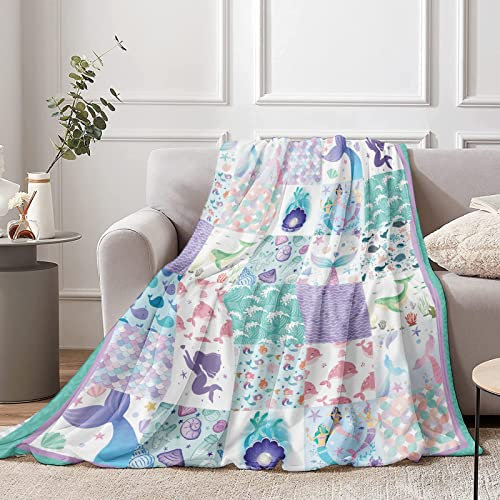 Meerjungfrau Kinder Decke, 130 x 150 cm Flauschig Fleece Weiß Meerjungfrau Kuscheldecke für Mädchen, Weich Lila Türkis Meerjungfrau Flanell Wohndecke für Kleinkind Geburtstag Geschenke Sofa Couch