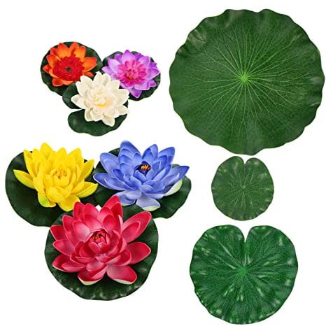 RORPOIR 9pcs Artificial Floating Water Lily Summer Decor Pads for Ponds, Artificial Lotus Fake Floating Lotus Flower Water Lily Pad Ornaments for Garden Pond Aquarium Pool Decoration