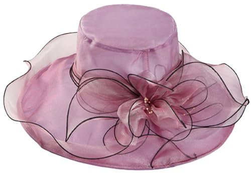 HIQIU Organza Hut Damen Breite Krempe Sommerhut Strandmütze, Ladies Elegant Sonnenhüte Fascinator Kirche Derby Hochzeit Party Hut (Lila)