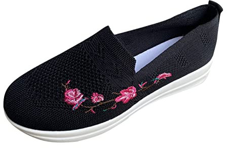 einfarbig atmungsaktiv gestrickt Mesh Bestickt dekorativ Flacher Boden lässige Sportschuhe Langlaufski Set Damen Klassisch Mit Bindung Und Schuhe (Black, 37)