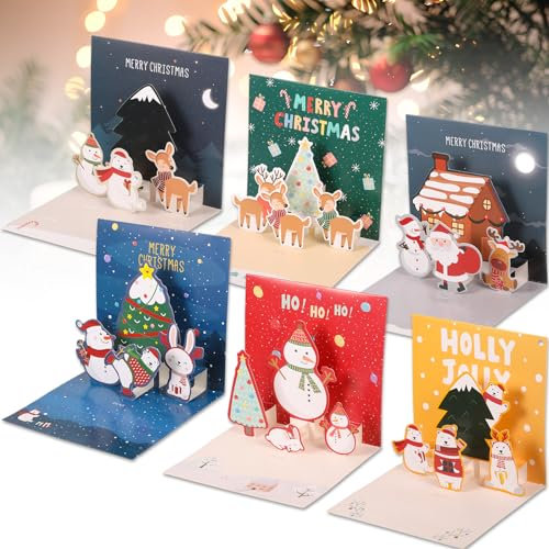 6 Stück 3D Weihnachtskarten mit Umschlag,Pop Up Karte Weihnachten Lustige Weihnachtskarten 3D Pop Up Grußkarte Set Handgemachte Pop up Weihnachtsgrußkarte Mit Umschlägen und Aufklebern für Familie