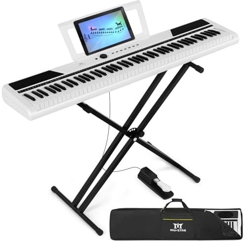 MUSTAR Digital Piano 88 Weighted Key with Stand, 88 Key Semi Weighted Keyboard Piano, Full Size Electric Piano Keyboard 88 Keys for Beginners, 2x25W Stereo Speakers, Case, Sustain Pedal, White