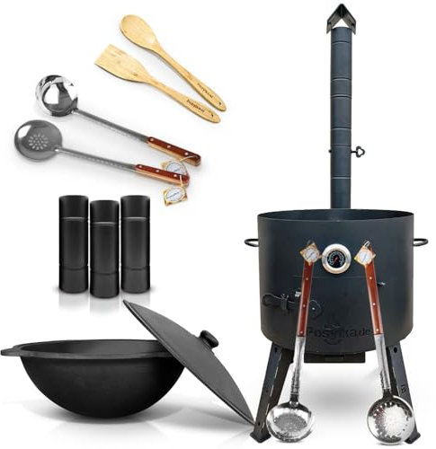 Utschak Feuerofen mit Verlängerungsrohr Thermometer Gusseisen Topf runder Boden mit Deckel (22 L) Schaumlöffel x3Stk KazanoFF, Учаг, Kazan Outdoor, Feuerschale, Camping, Kasan(Set 22-2R 2)