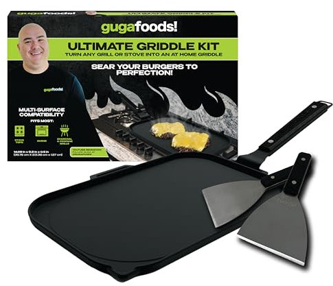 Guga Foods Ultimate Griddle Kit Set- Transform Any Grill or Stove, Includes Cast Iron Griddle with Detachable Handle, Stainless Steel Angled & Straight Edge Spatulas, for Cooking Indoor Or Outdoor