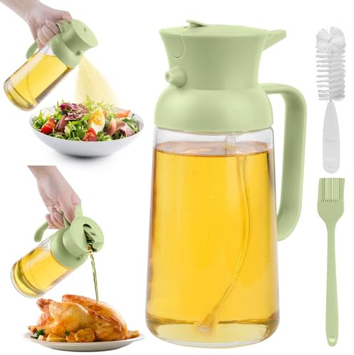 PUWOWYE 550ML Ölsprüher für Speiseöl, Öl Sprühflasche 2 in 1, Oil Spray Bottle Glas, Ölspray für Heißluftfritteuse zum Kochen, mit Backpinsel Silikon und Flaschenbürste, Grün