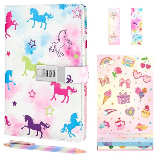 WERNNSAI Kindertagebuch-Set, Mädchen-Einhorn-Tagebuch mit Schloss, Geheimtagebuch-Set für Teenager, A5 Tagebuch Geschenkset für Teenager mit 6 Aufklebern, 1 Lesezeichen und 1 Schreibstift