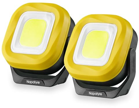 Napatyre Projecteur LED Rechargeable, Lampe de Chantier Portable avec Base Magnétique à 180°, 4 Modes 1000LM Lampe de Travail pour Camping, Chantier, Garage (2 Pièce)