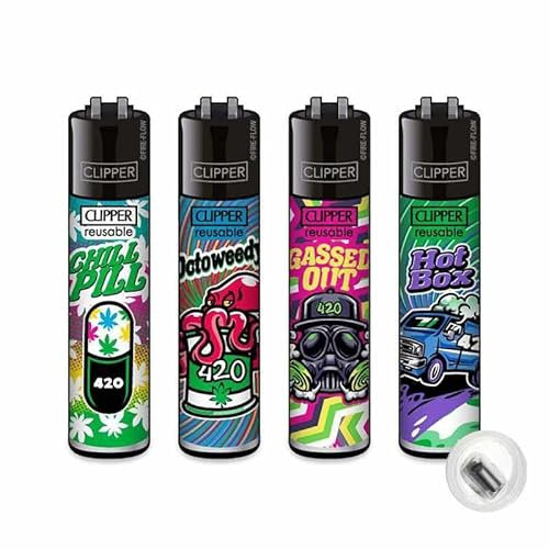4 Stück Clipper Classic Feuerzeug Serie Set 420 Mix #6 Inklusive Feuerstein und 1/5 Sticker